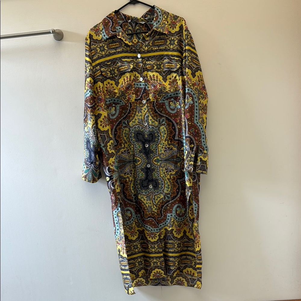 Zara Green and Gold Long Sleeve Bishop Collar Dress